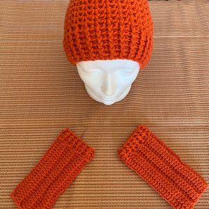 Crocheted Fingerless Glove and Beanie Set (Orange)
